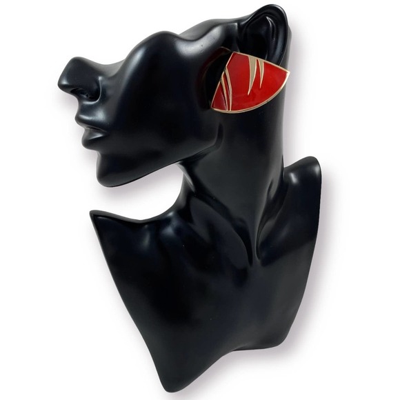 Vintage large red and gold enamel triangle earrings - Picture 6 of 11